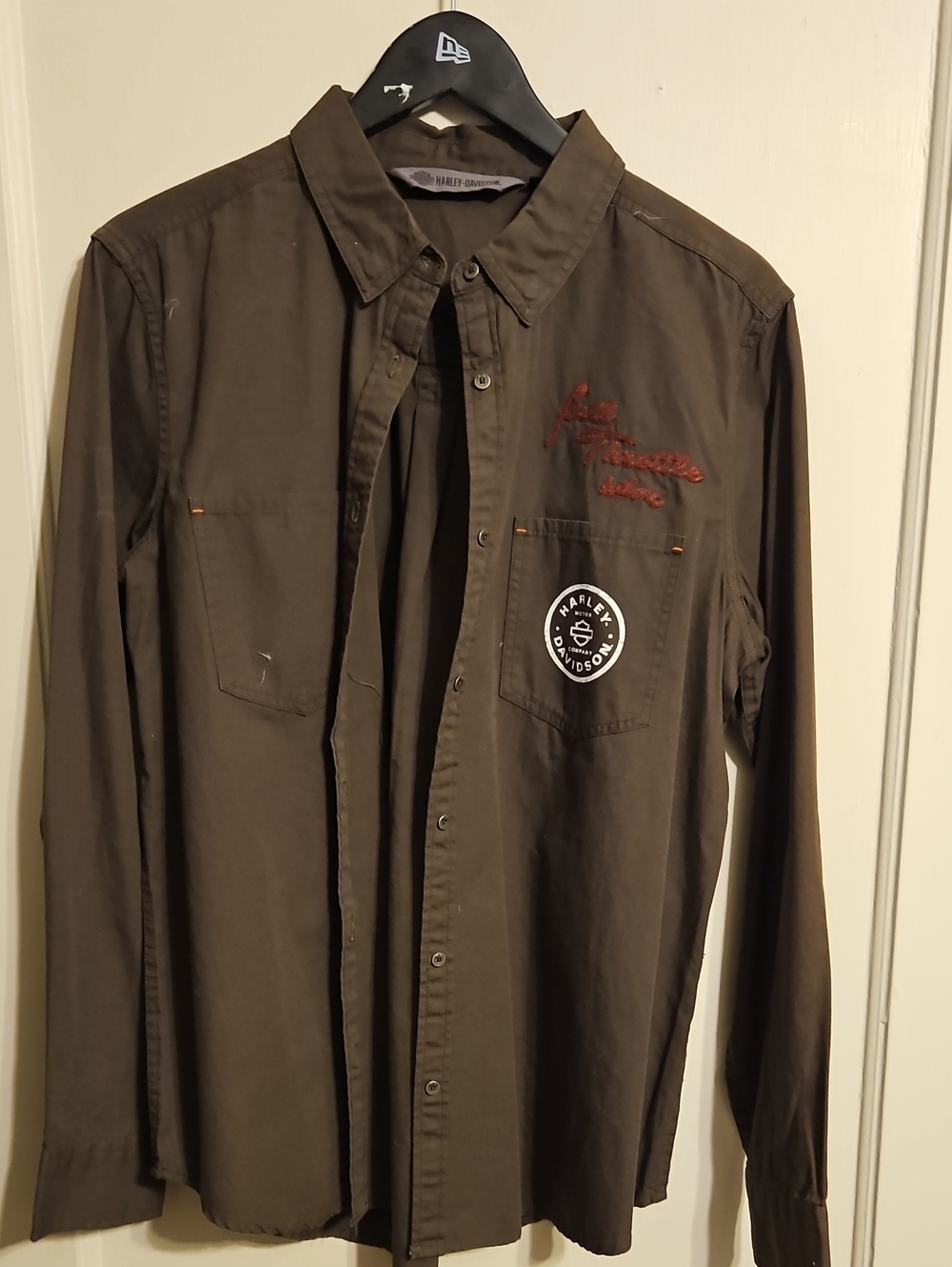 Harley-Davidson Men's Olive Green Button-Down Shirt with Embroidered Logo